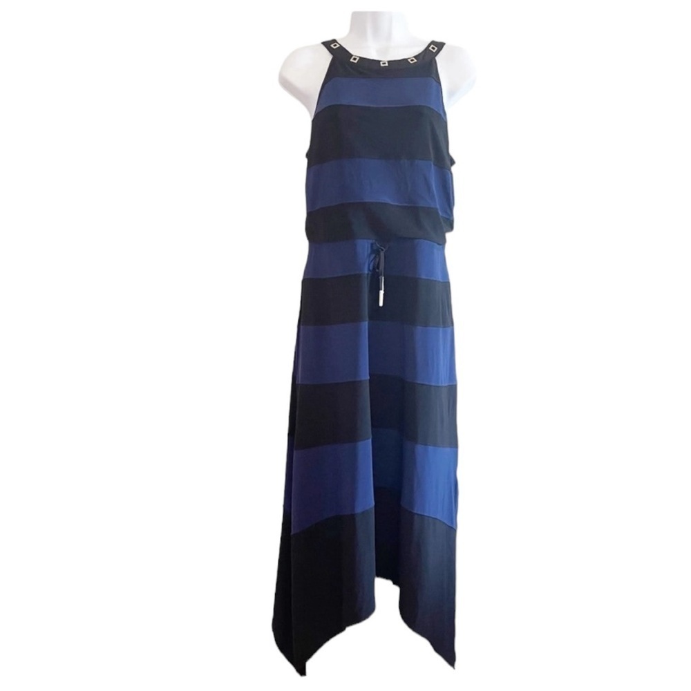 WHITE HOUSE BLACK MARKET Color Block Black Noble Blue Maxi Dress Size Small EUC